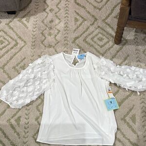 CeCe White Blouse with Floral Sheer Sleeves